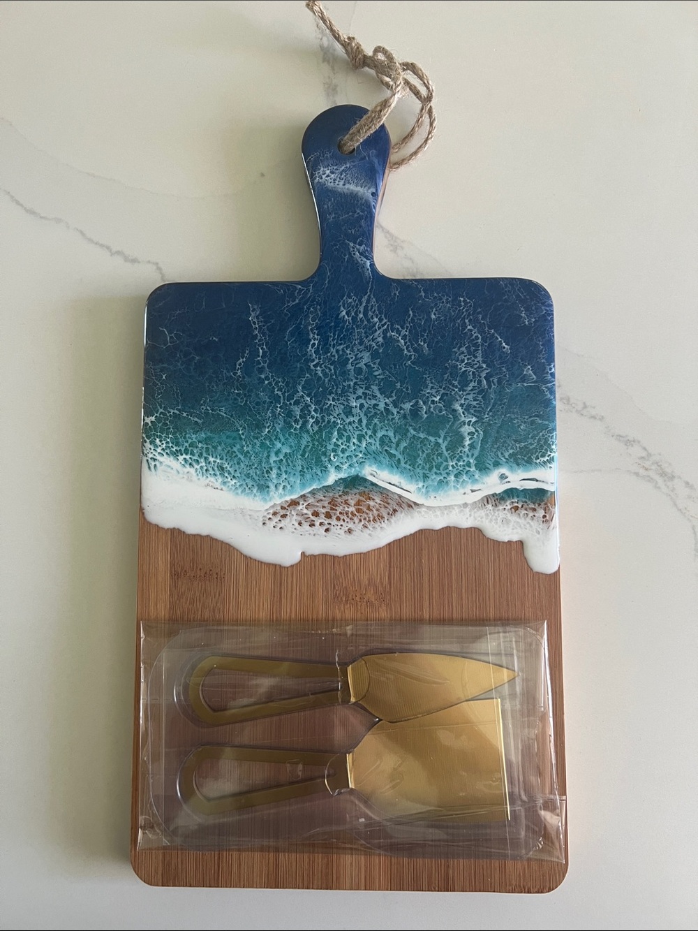 Anthropologie Ocean-Resin Bamboo Cheese Board with Gold Knives